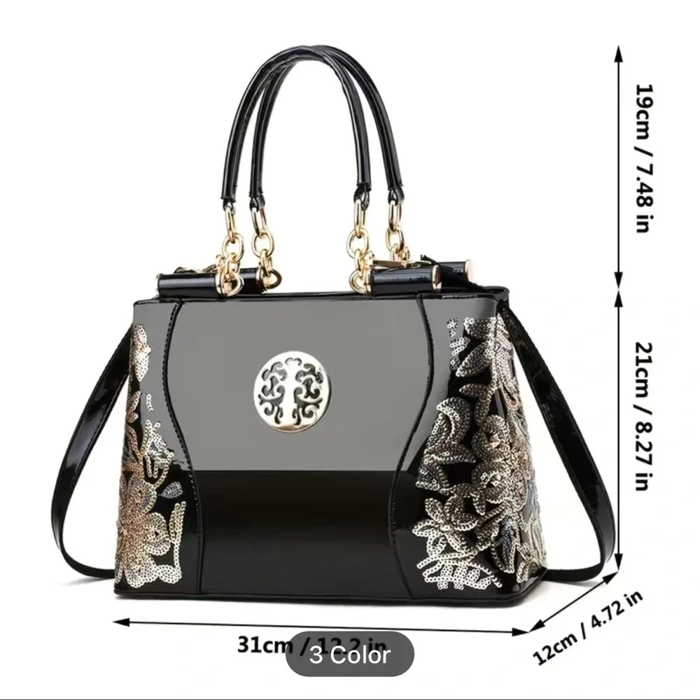 Beautiful NWOT black patent leather handbag with sequin flowers - Picture 6 of 13